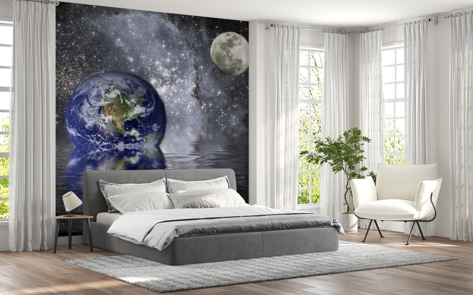 Фотошпалери вода оточує Землю і Місяць у космосі