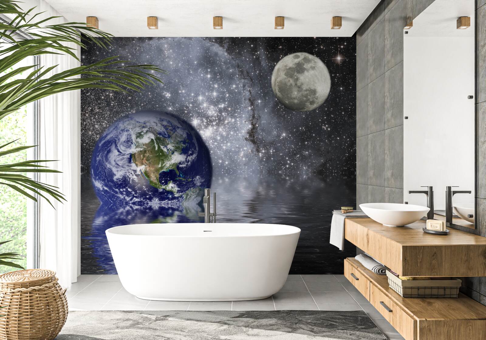 Фотошпалери вода оточує Землю і Місяць у космосі