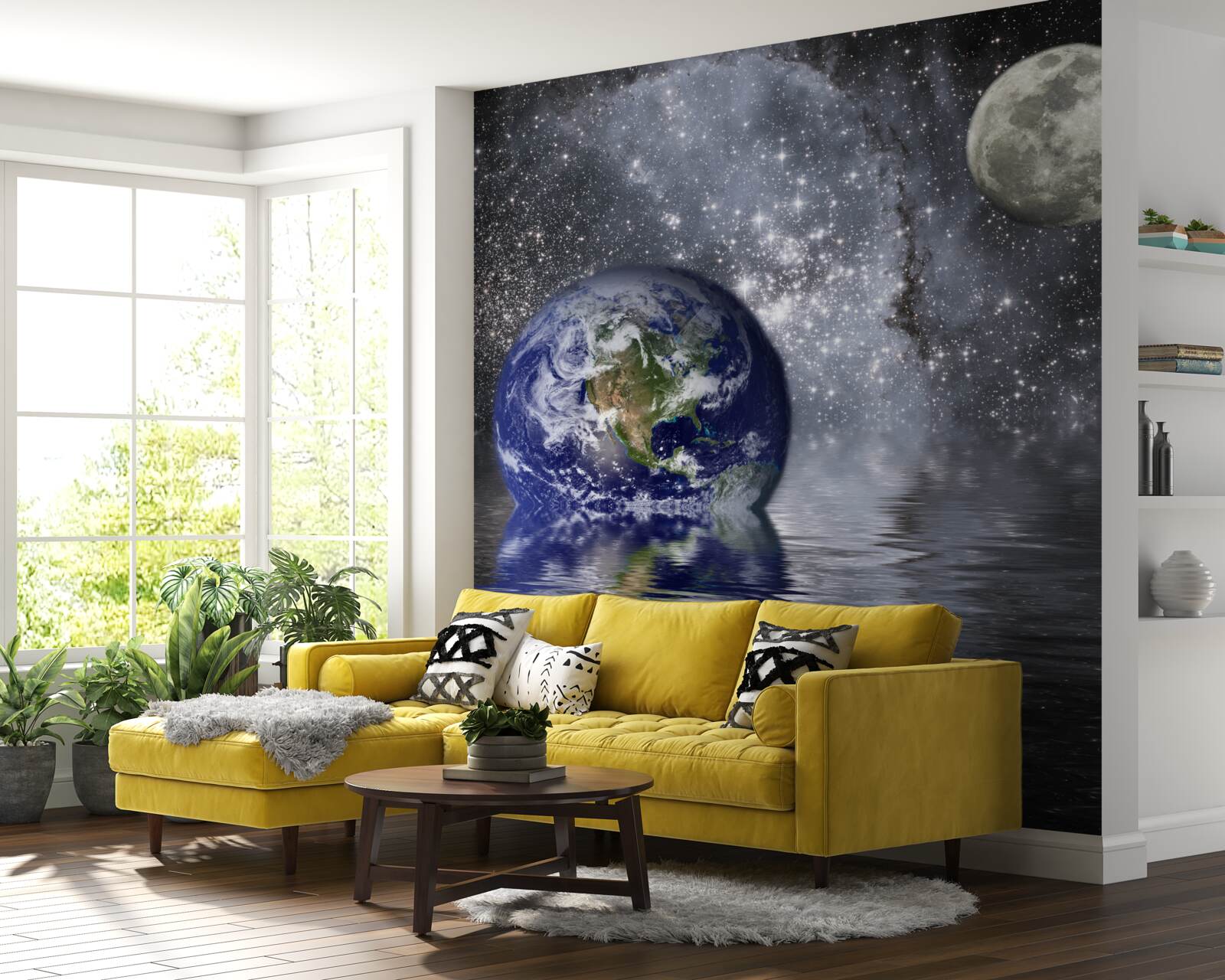 Фотошпалери вода оточує Землю і Місяць у космосі