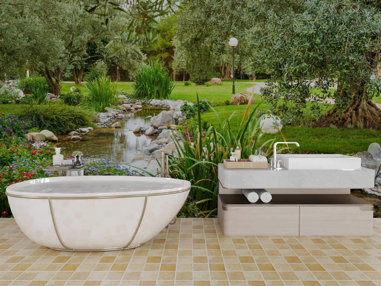 Фотошпалери струмок, що тече зеленим лугом