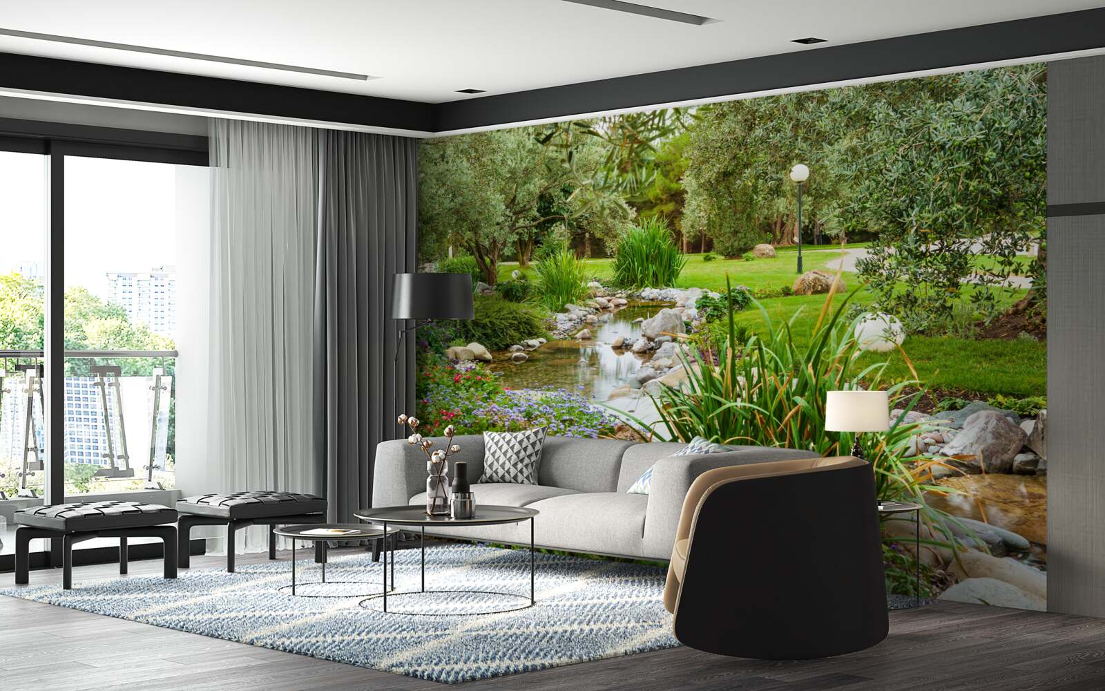 Фотошпалери струмок, що тече зеленим лугом