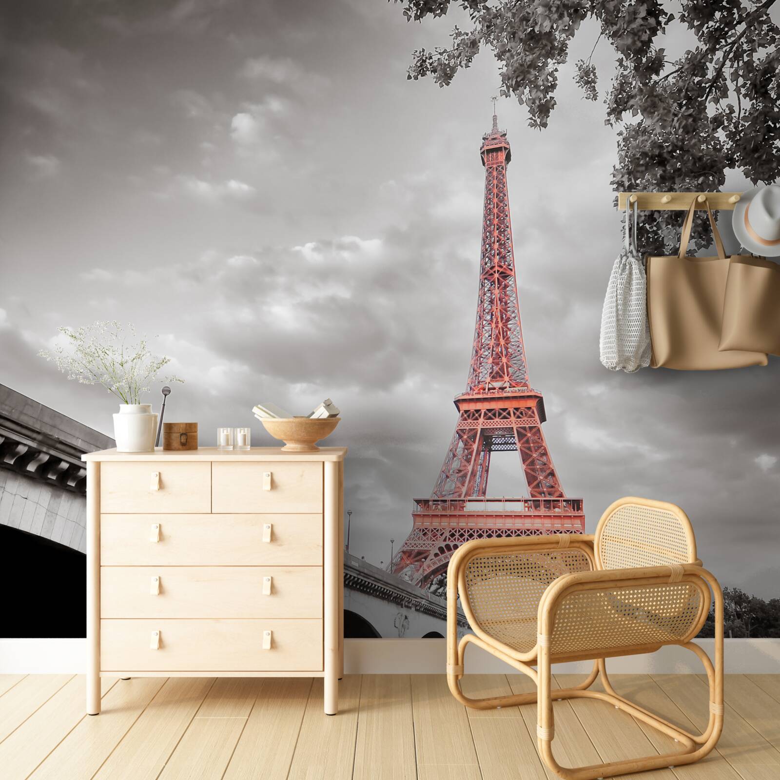 Фотошпалери за старовинним мостом через річку можна побачити Ейфелеву вежу