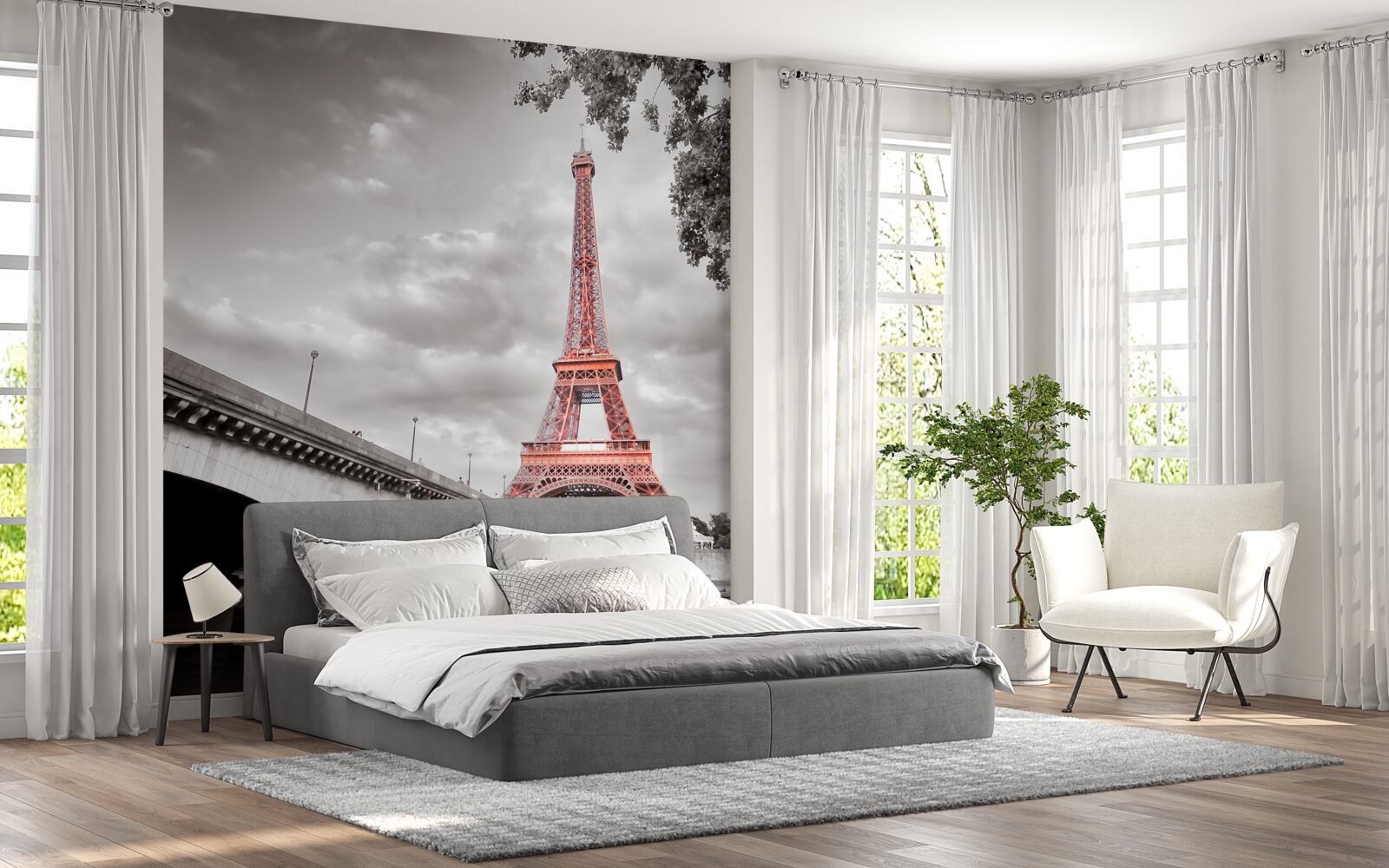 Фотошпалери за старовинним мостом через річку можна побачити Ейфелеву вежу