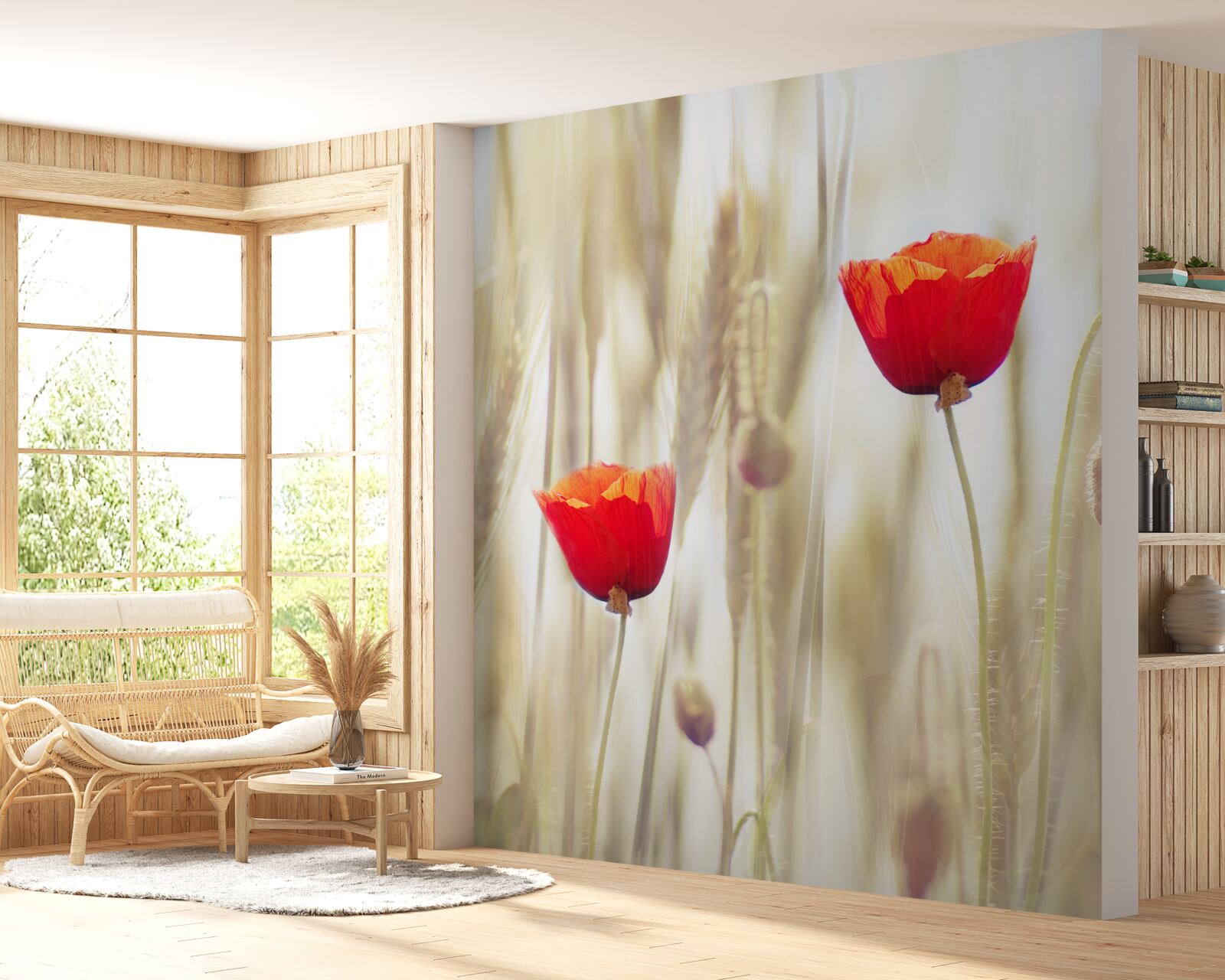 Фотошпалери червоні маки ростуть у полі пшениці