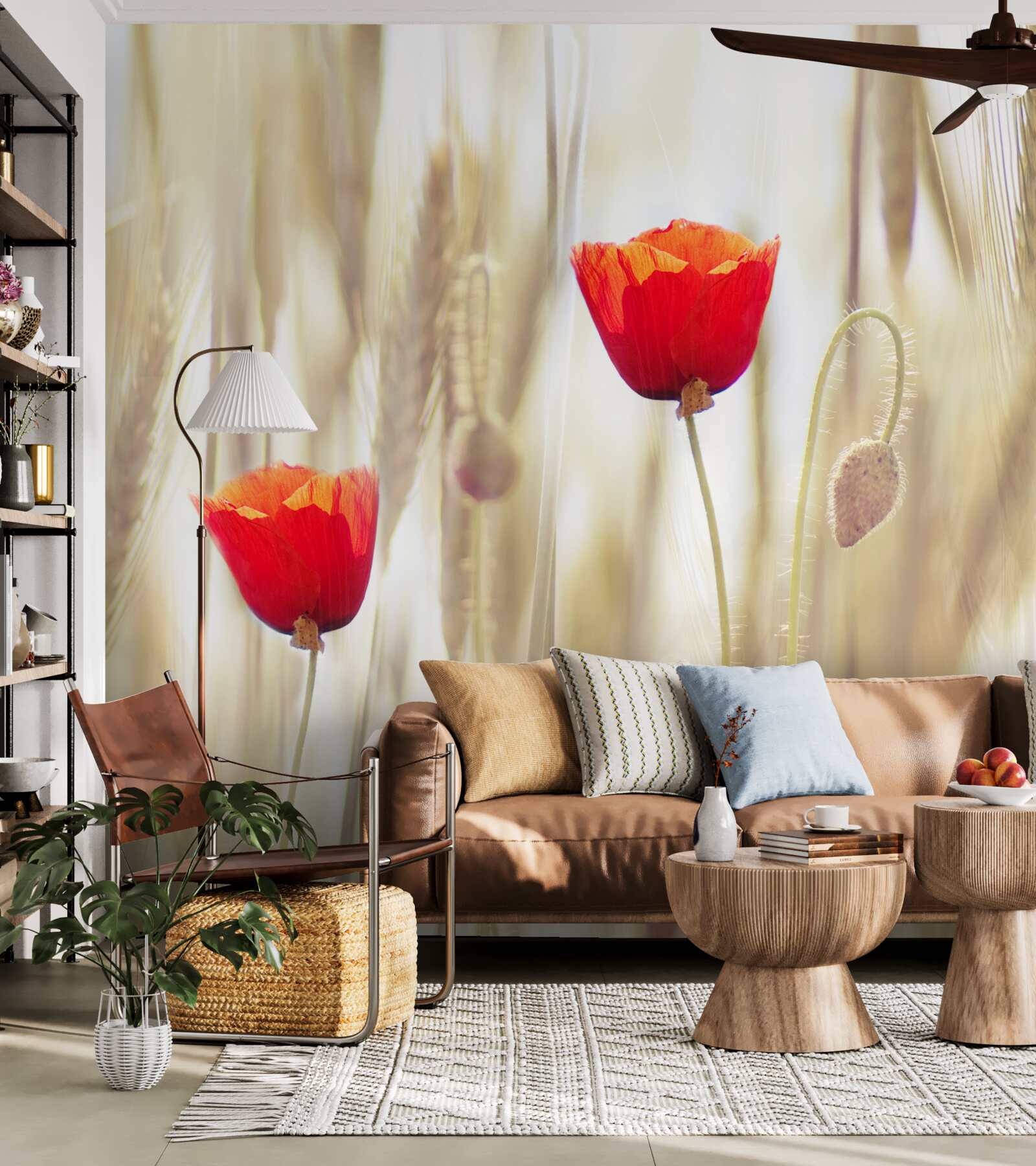 Фотошпалери червоні маки ростуть у полі пшениці