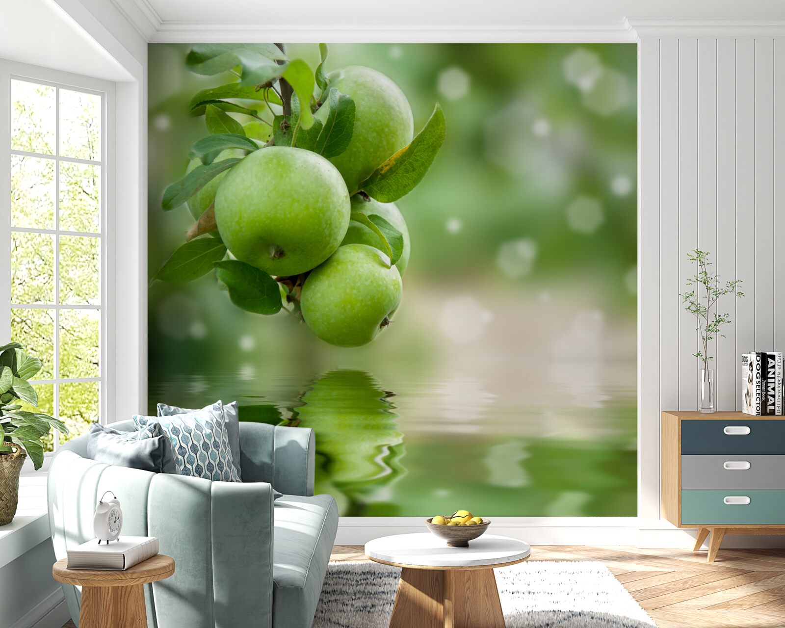 Фотошпалери зелені яблука, що віддзеркалюються у воді