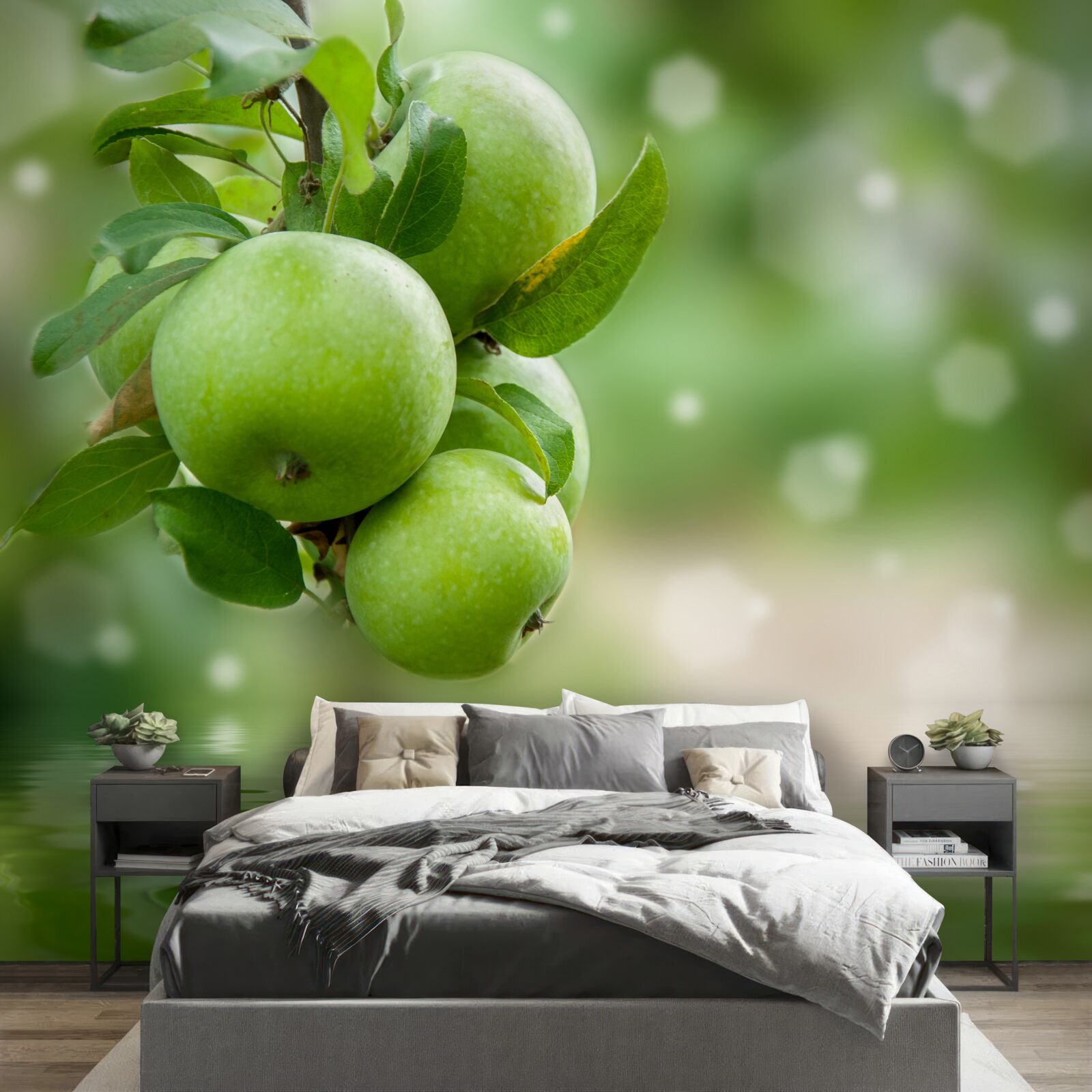 Фотошпалери зелені яблука, що віддзеркалюються у воді