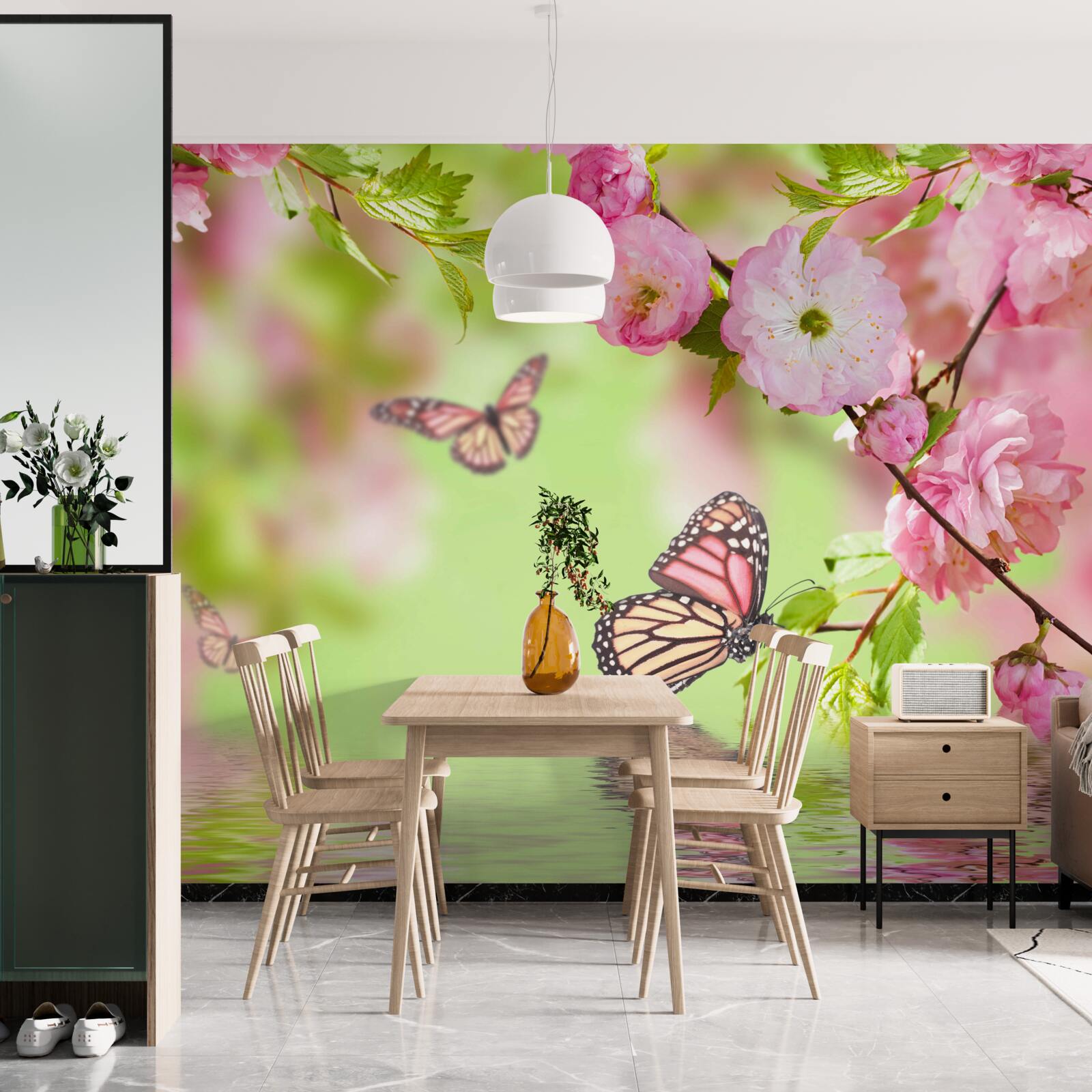 Фотошпалери метелики сідають на квітучу вишню біля ставка