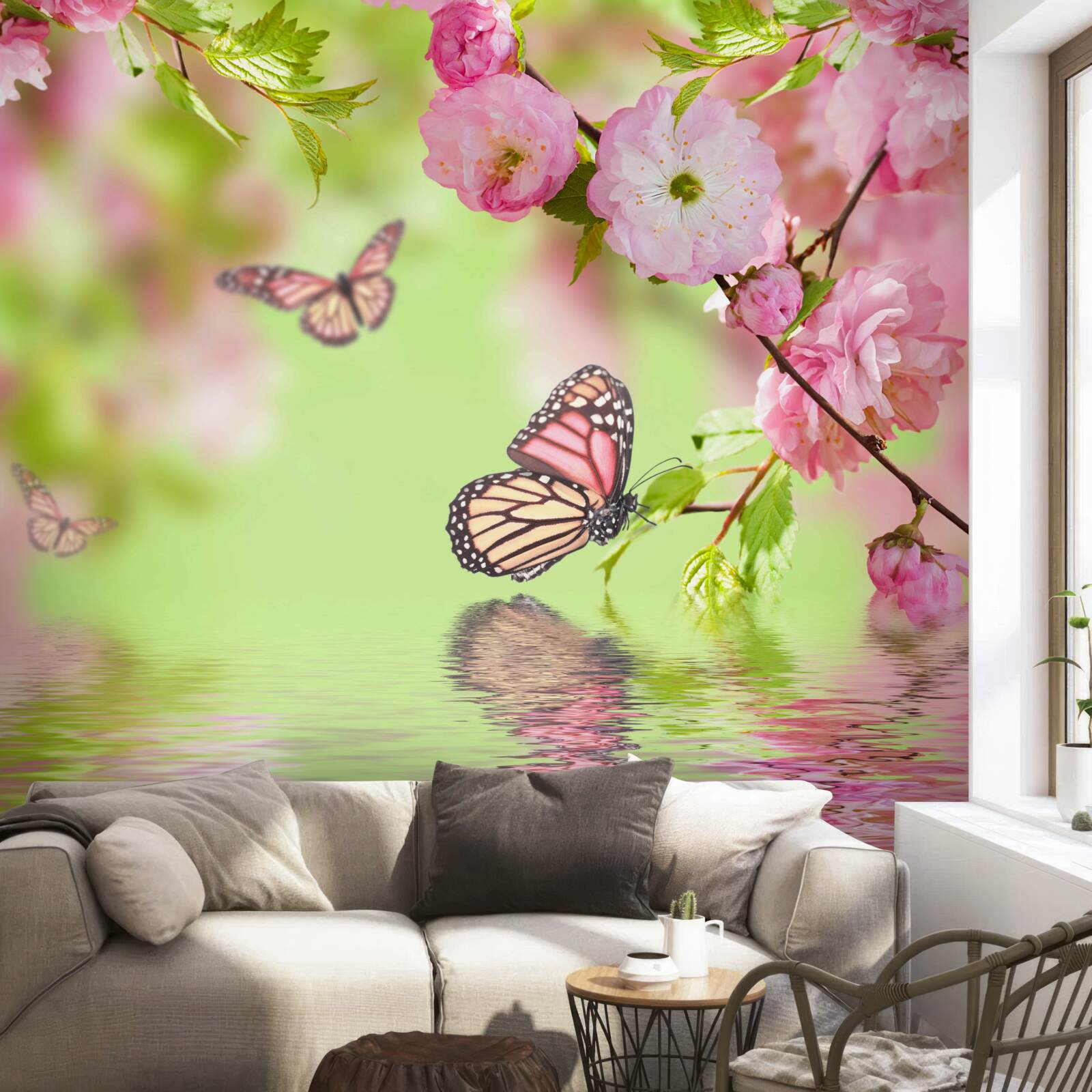 Фотошпалери метелики сідають на квітучу вишню біля ставка