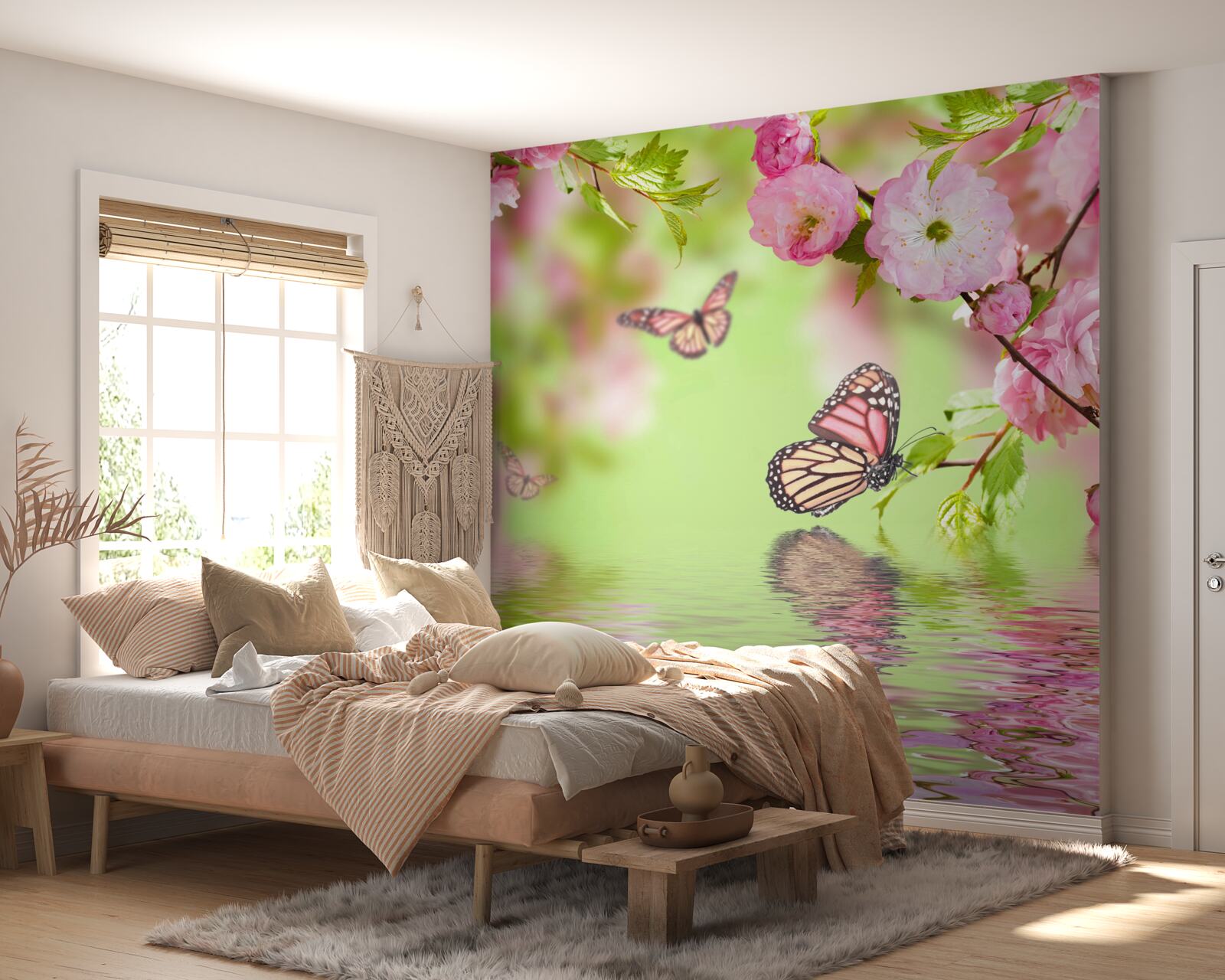 Фотошпалери метелики сідають на квітучу вишню біля ставка