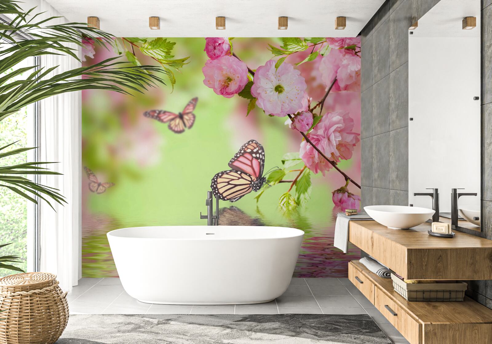 Фотошпалери метелики сідають на квітучу вишню біля ставка