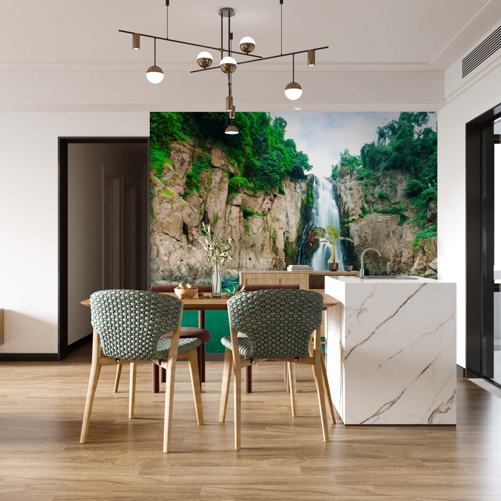 Фотошпалери високий водоспад падає в горах