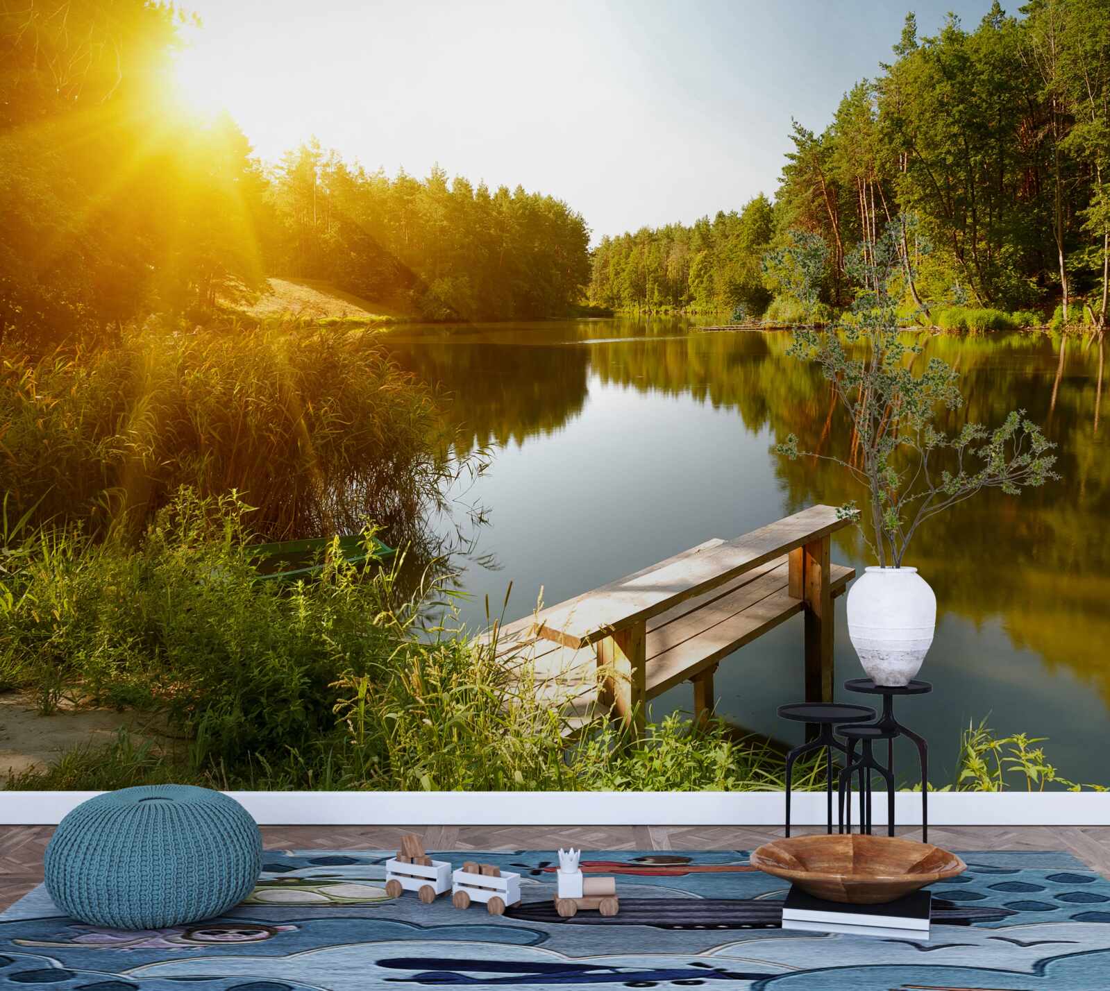 Фотошпалери яскравий ранок у лісі біля ставка