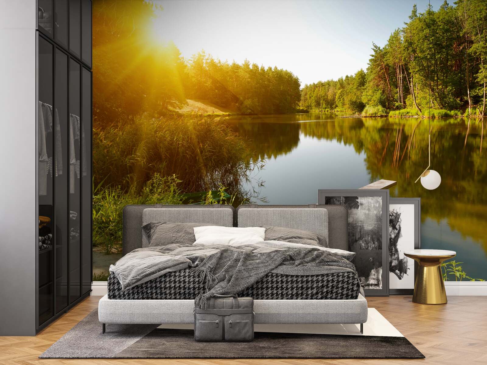 Фотошпалери яскравий ранок у лісі біля ставка