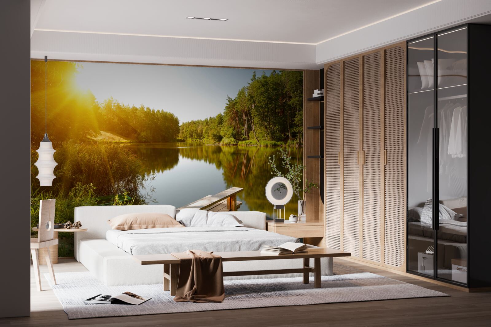 Фотошпалери яскравий ранок у лісі біля ставка