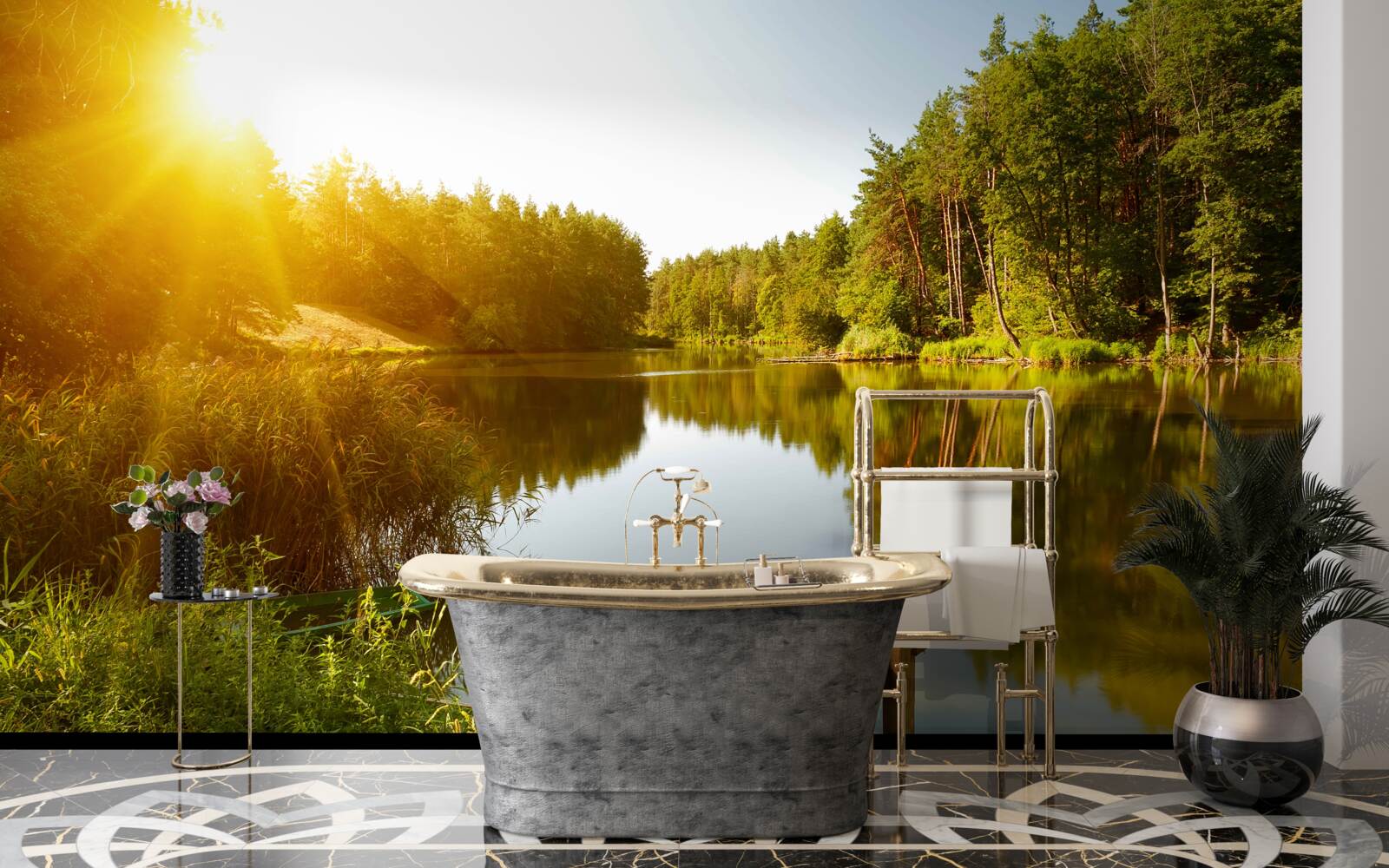 Фотошпалери яскравий ранок у лісі біля ставка