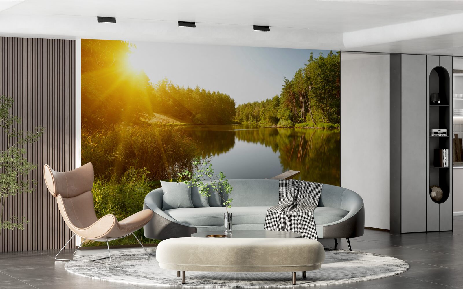 Фотошпалери яскравий ранок у лісі біля ставка