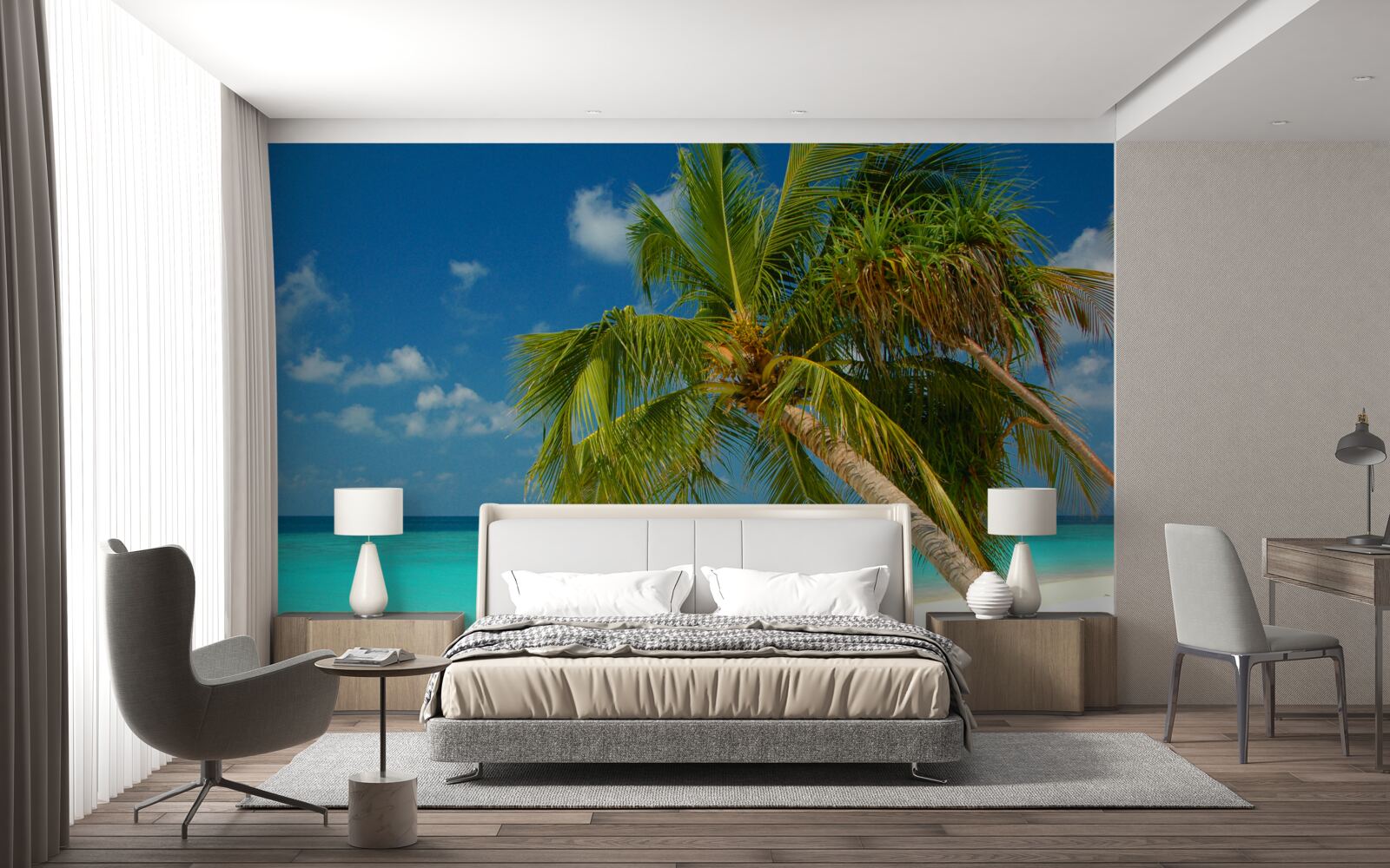 Фотошпалери пальма на пляжі біля берега океану