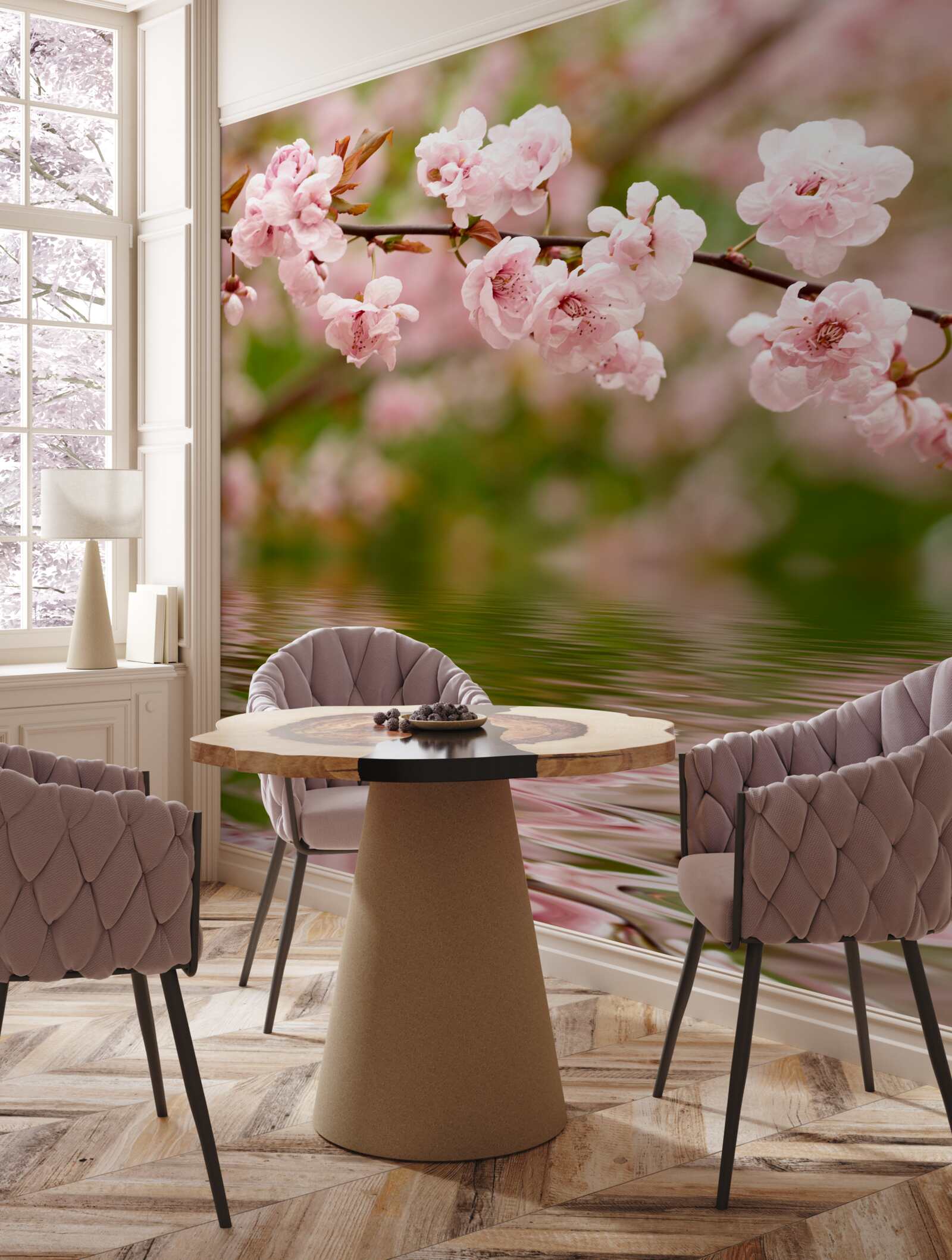 Фотошпалери гілка з квітами на поверхні води