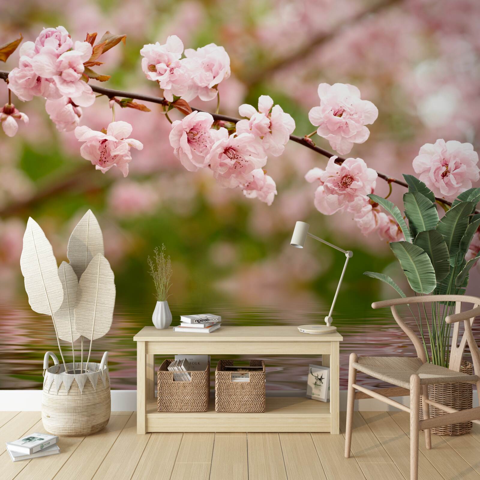 Фотошпалери гілка з квітами на поверхні води