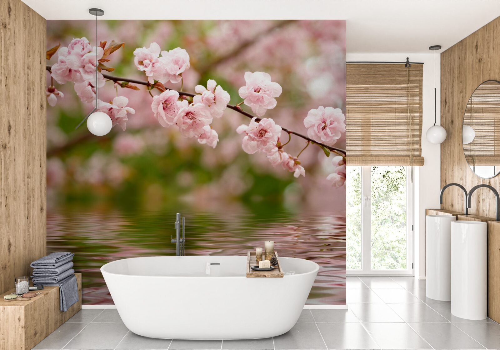 Фотошпалери гілка з квітами на поверхні води