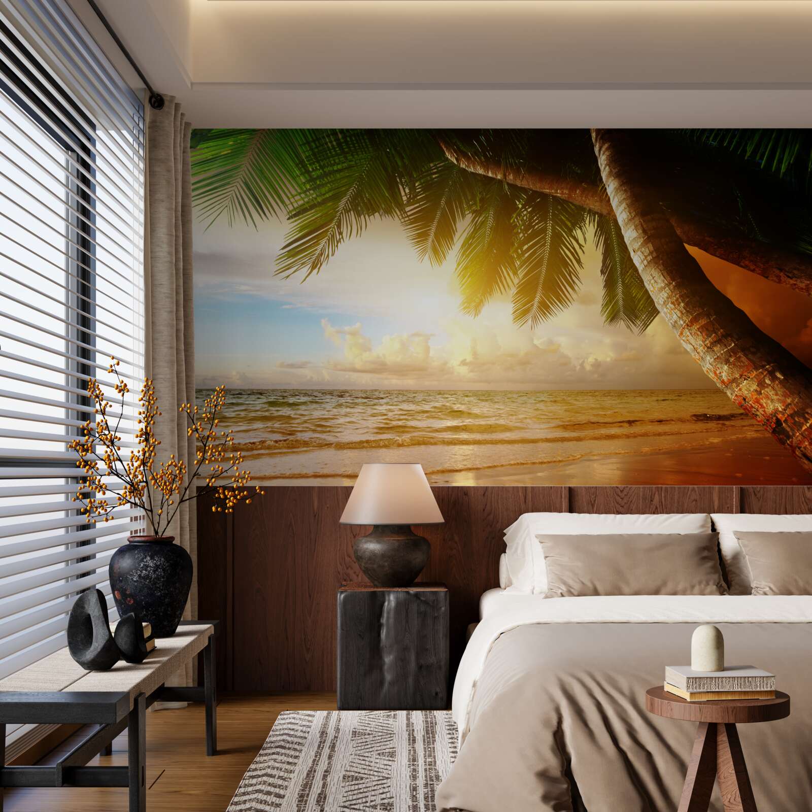 Фотошпалери пальма біля води на заході сонця в тропіках