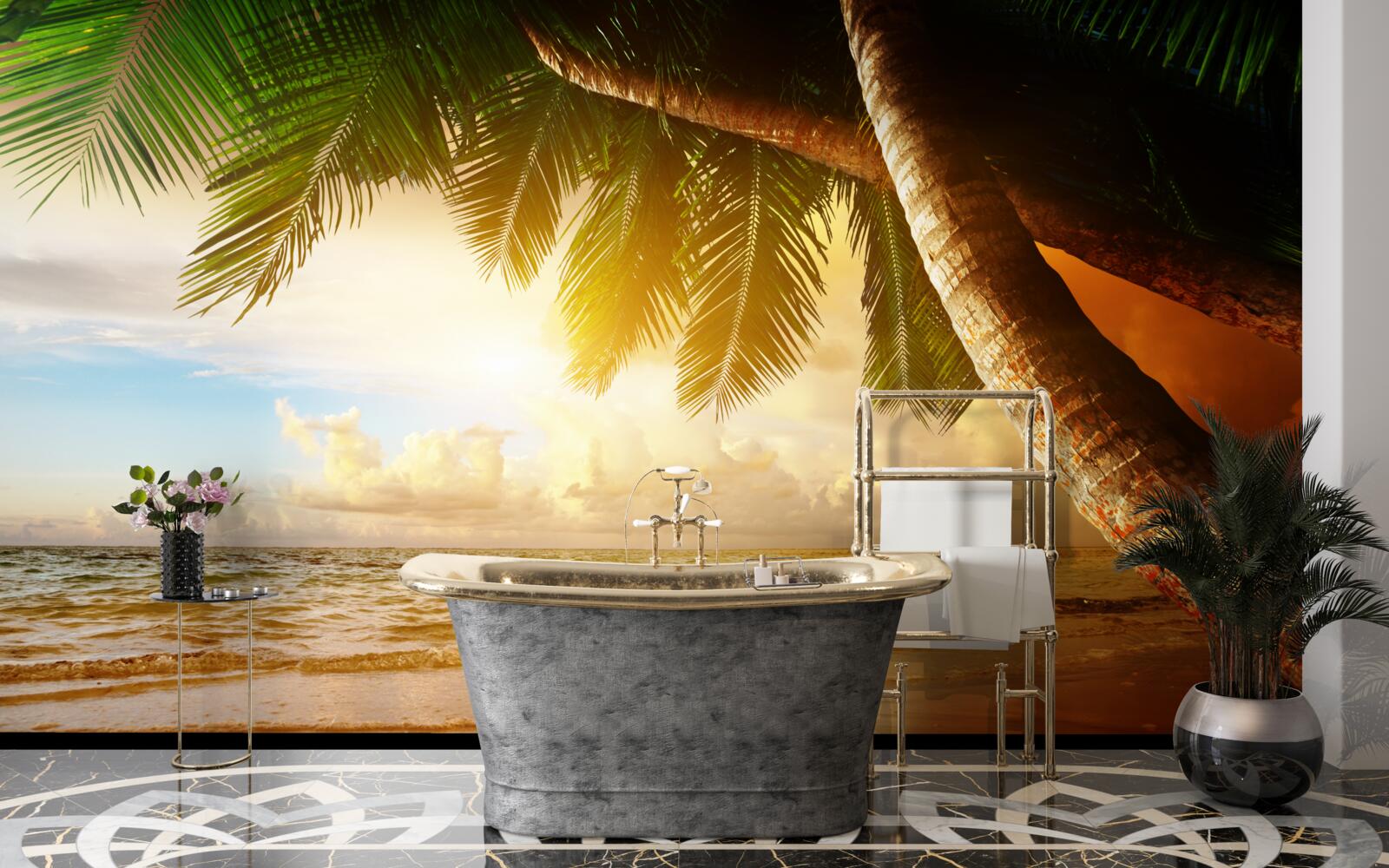 Фотошпалери пальма біля води на заході сонця в тропіках