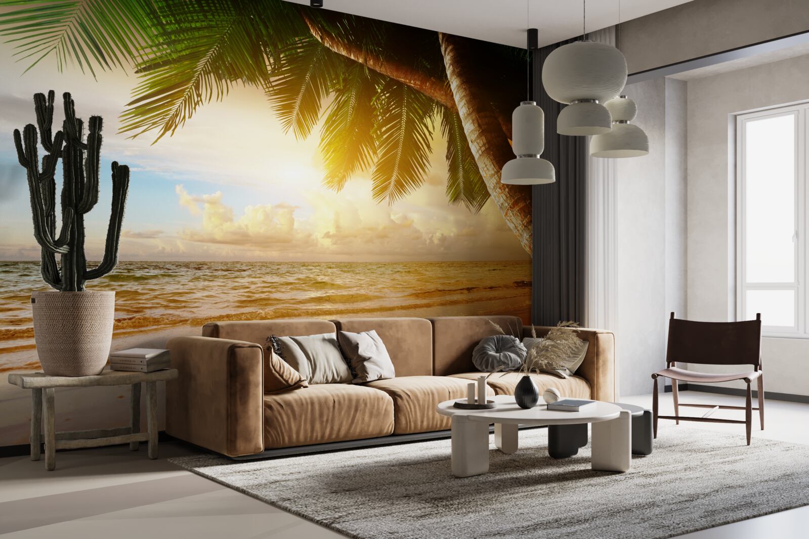 Фотошпалери пальма біля води на заході сонця в тропіках