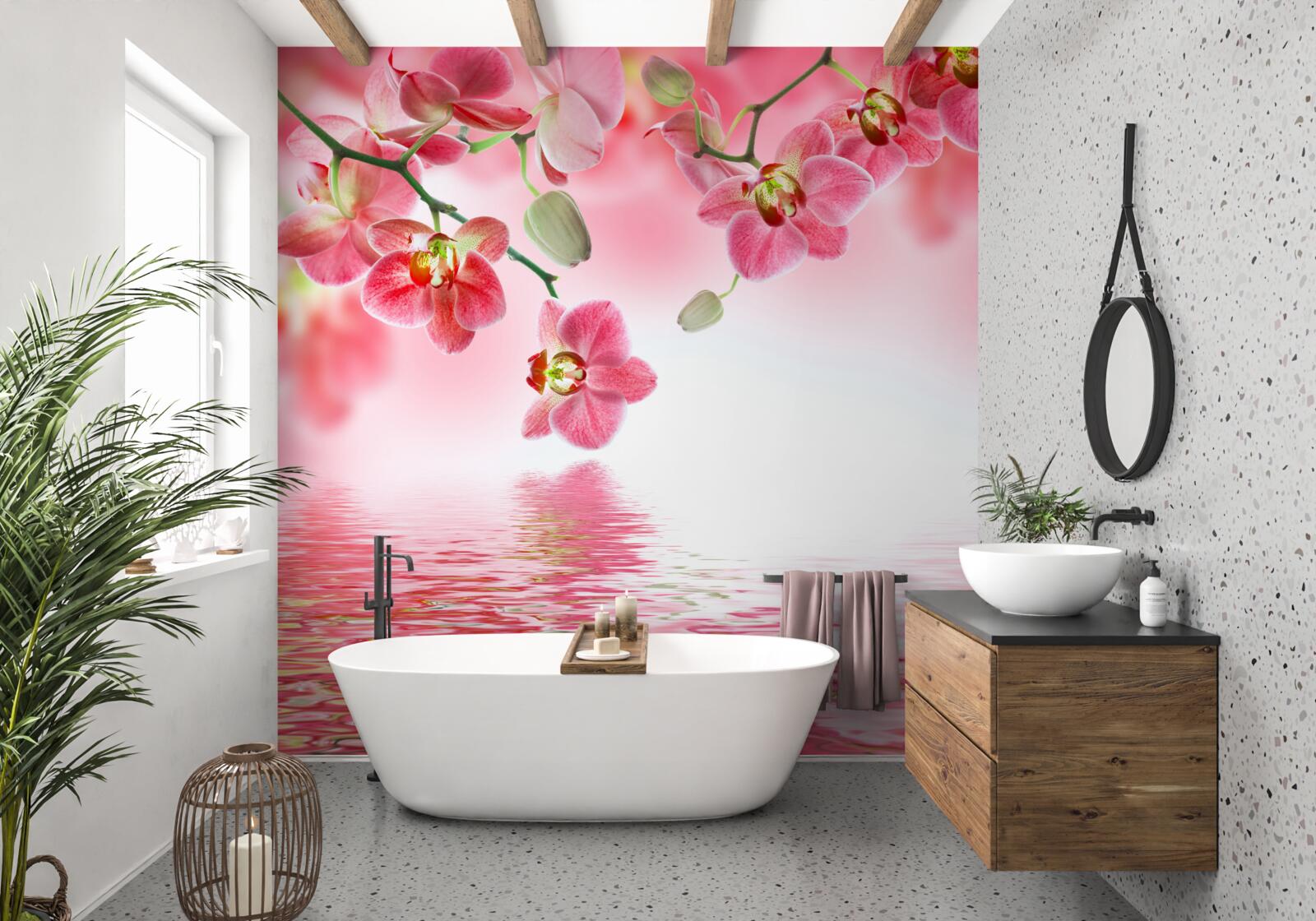 Фотошпалери червона орхідея висить на дереві над водою