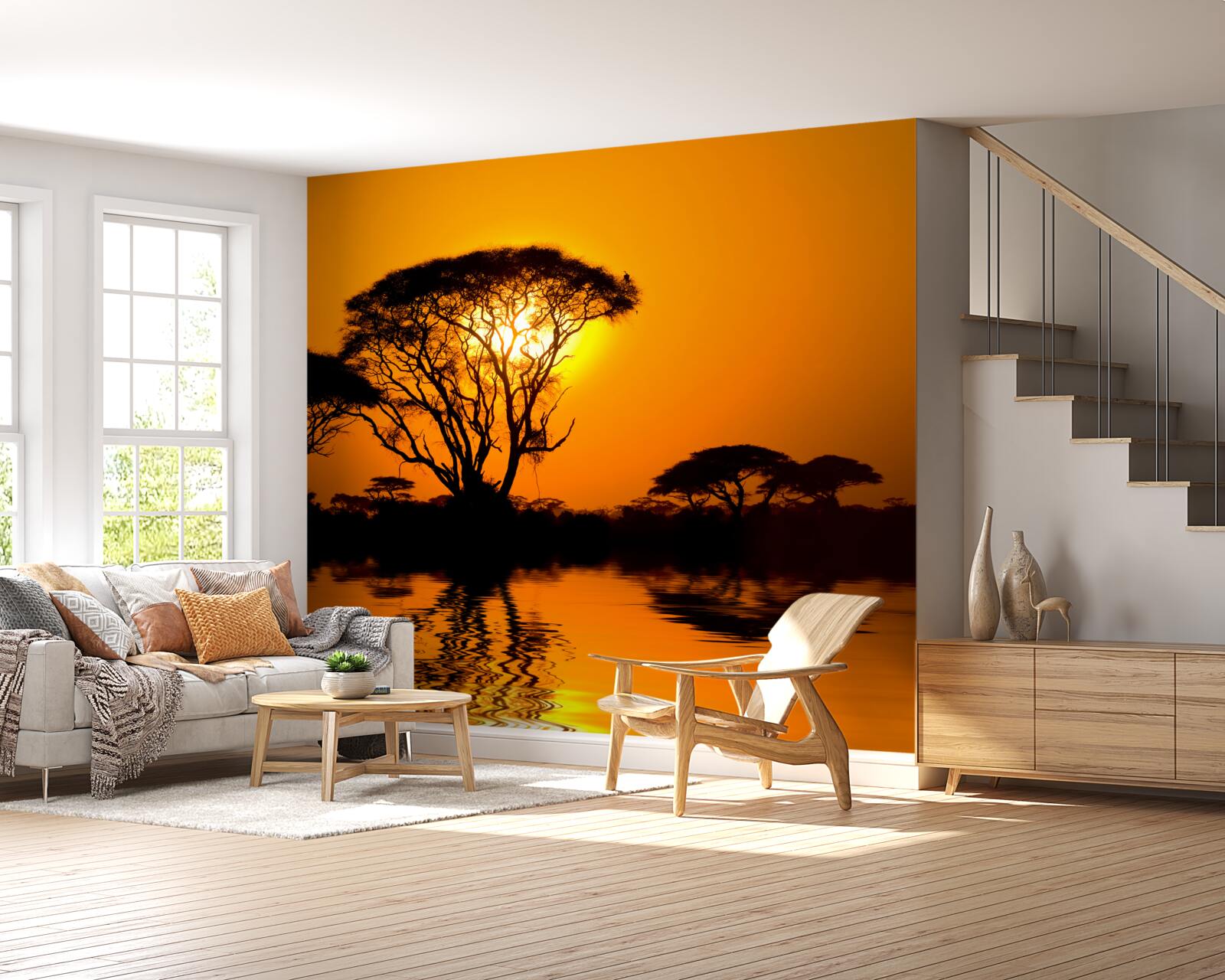 Фотошпалери захід сонця в пустелі, що відбивається у воді