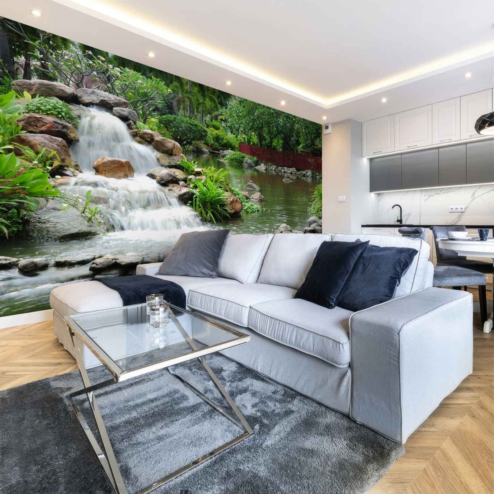 Фотошпалери невеликий водоспад, оточений зеленню