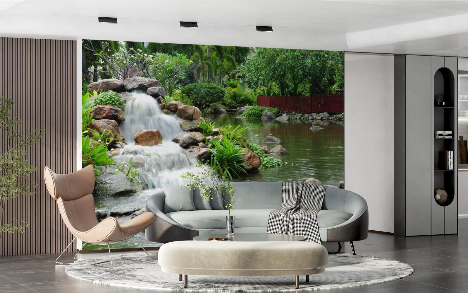 Фотошпалери невеликий водоспад, оточений зеленню