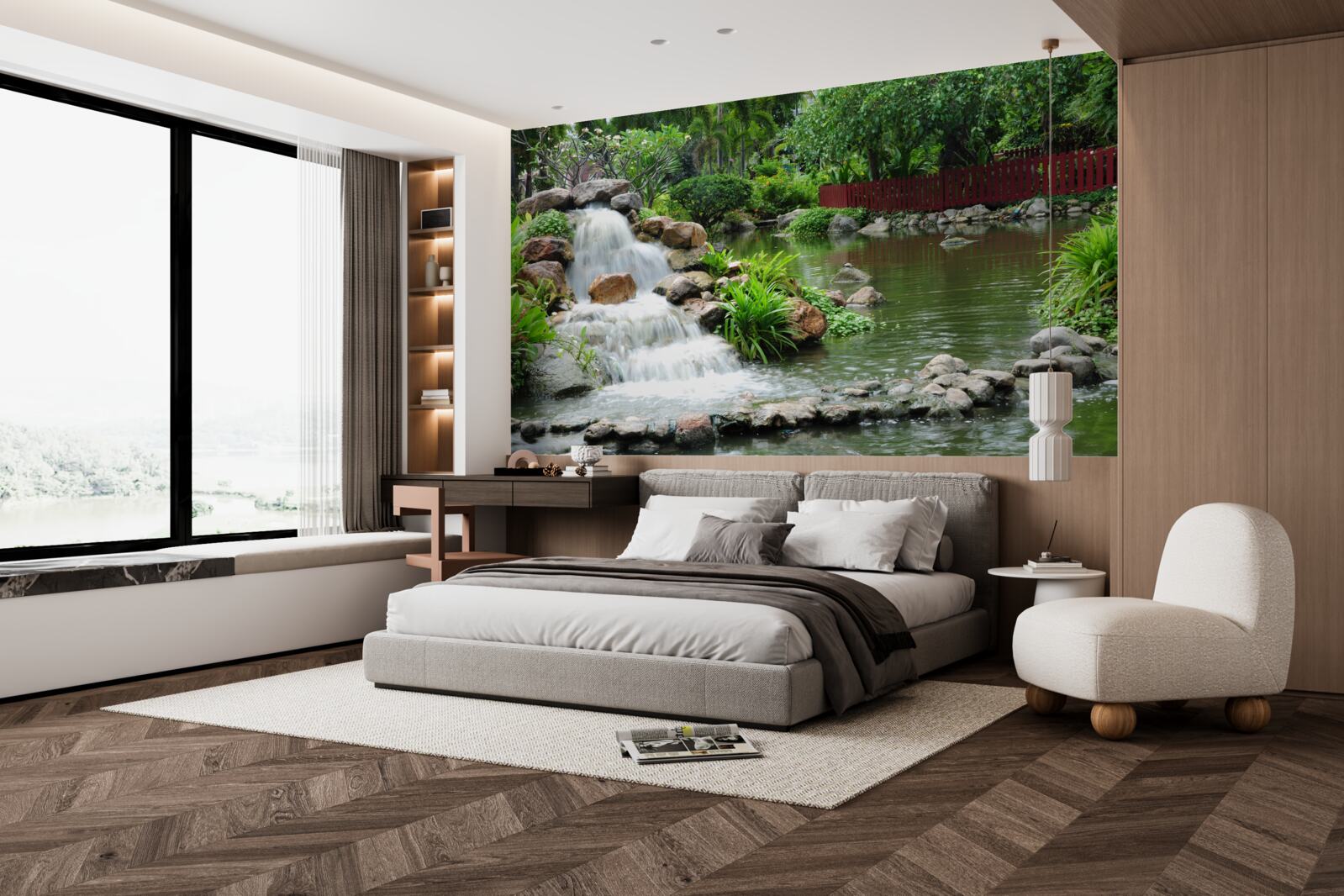 Фотошпалери невеликий водоспад, оточений зеленню