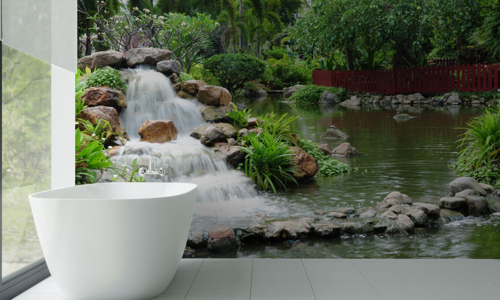 Фотошпалери невеликий водоспад, оточений зеленню