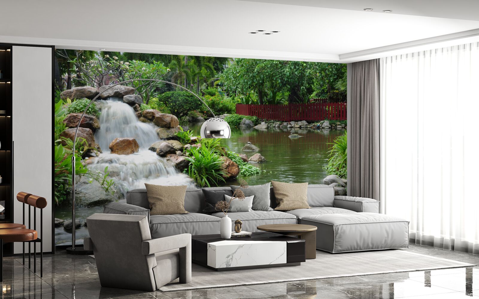 Фотошпалери невеликий водоспад, оточений зеленню