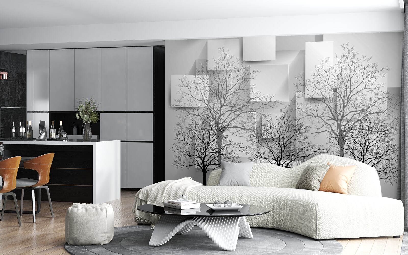 Фотошпалери голі дерева на тлі абстрактних форм