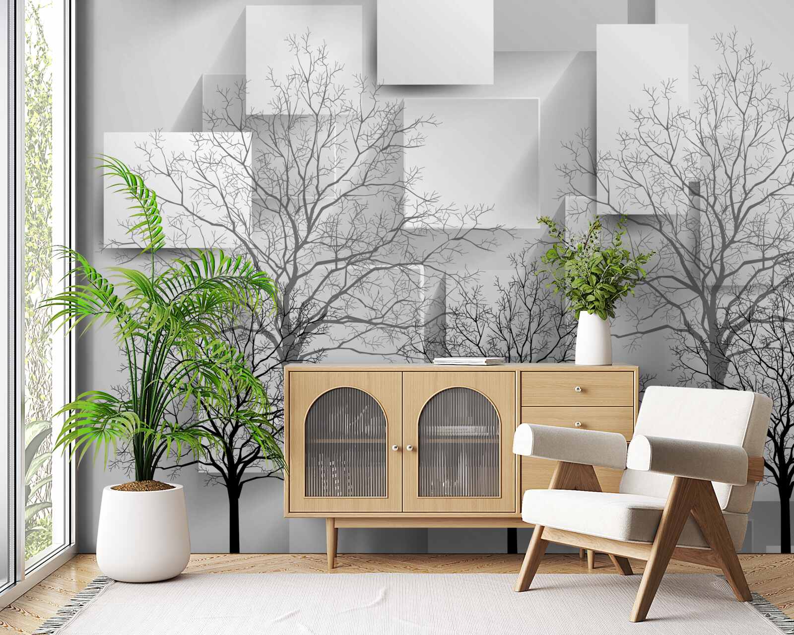 Фотошпалери голі дерева на тлі абстрактних форм