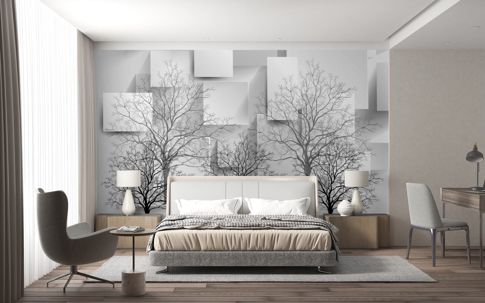 Фотошпалери голі дерева на тлі абстрактних форм