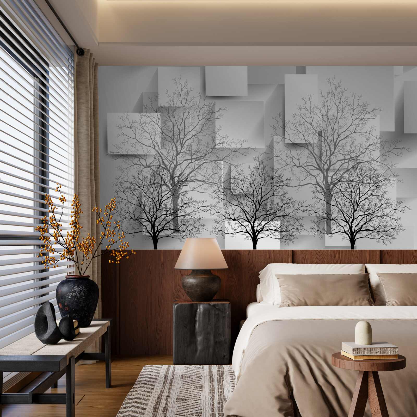 Фотошпалери голі дерева на тлі абстрактних форм