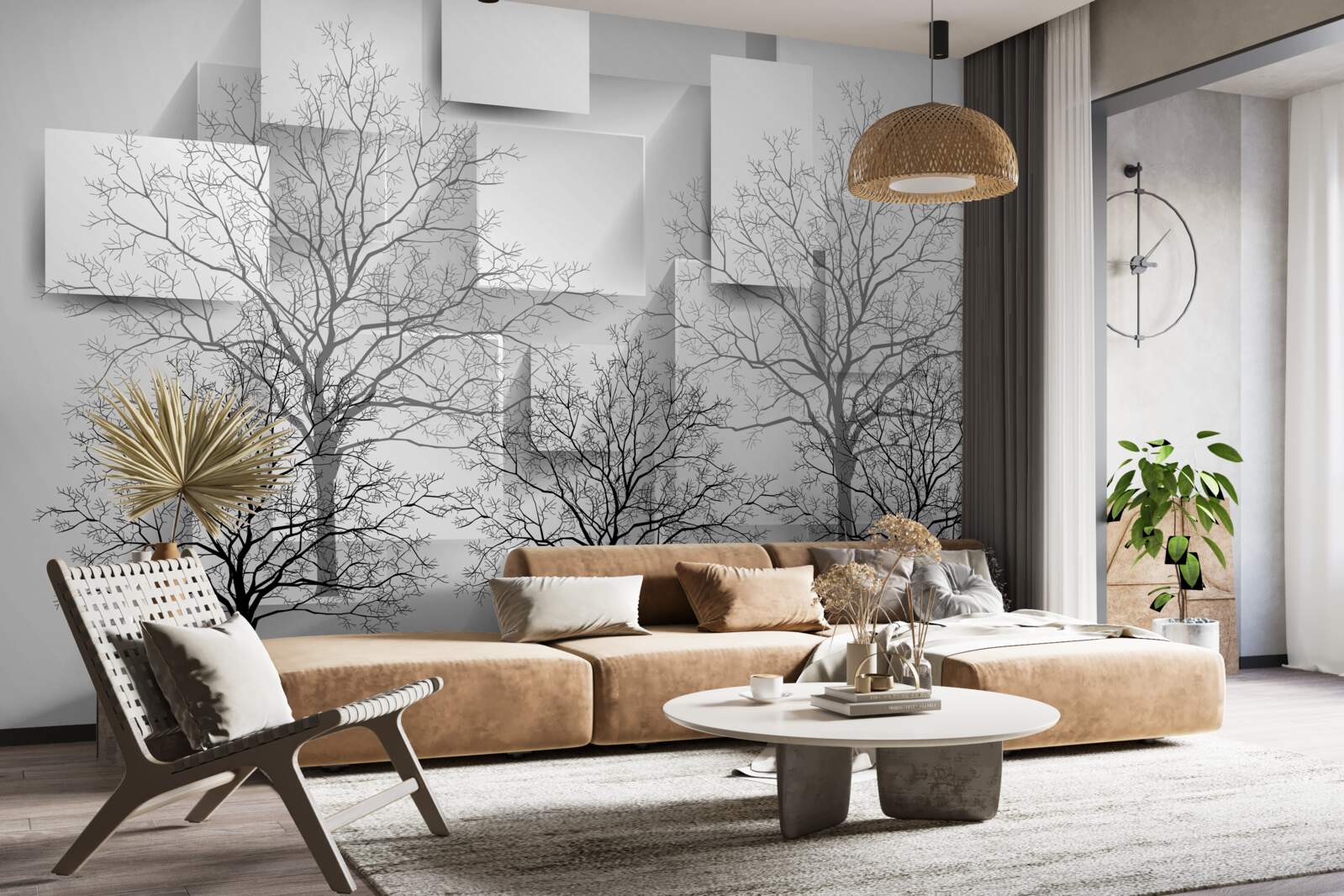 Фотошпалери голі дерева на тлі абстрактних форм