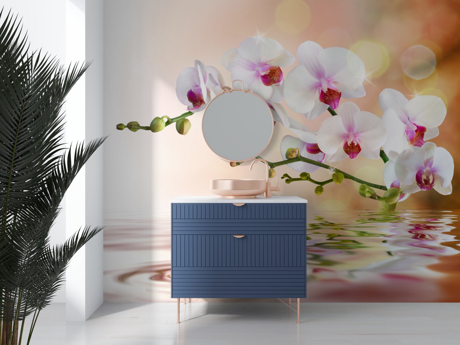 Фотошпалери гілка білої орхідеї, що віддзеркалюється у воді