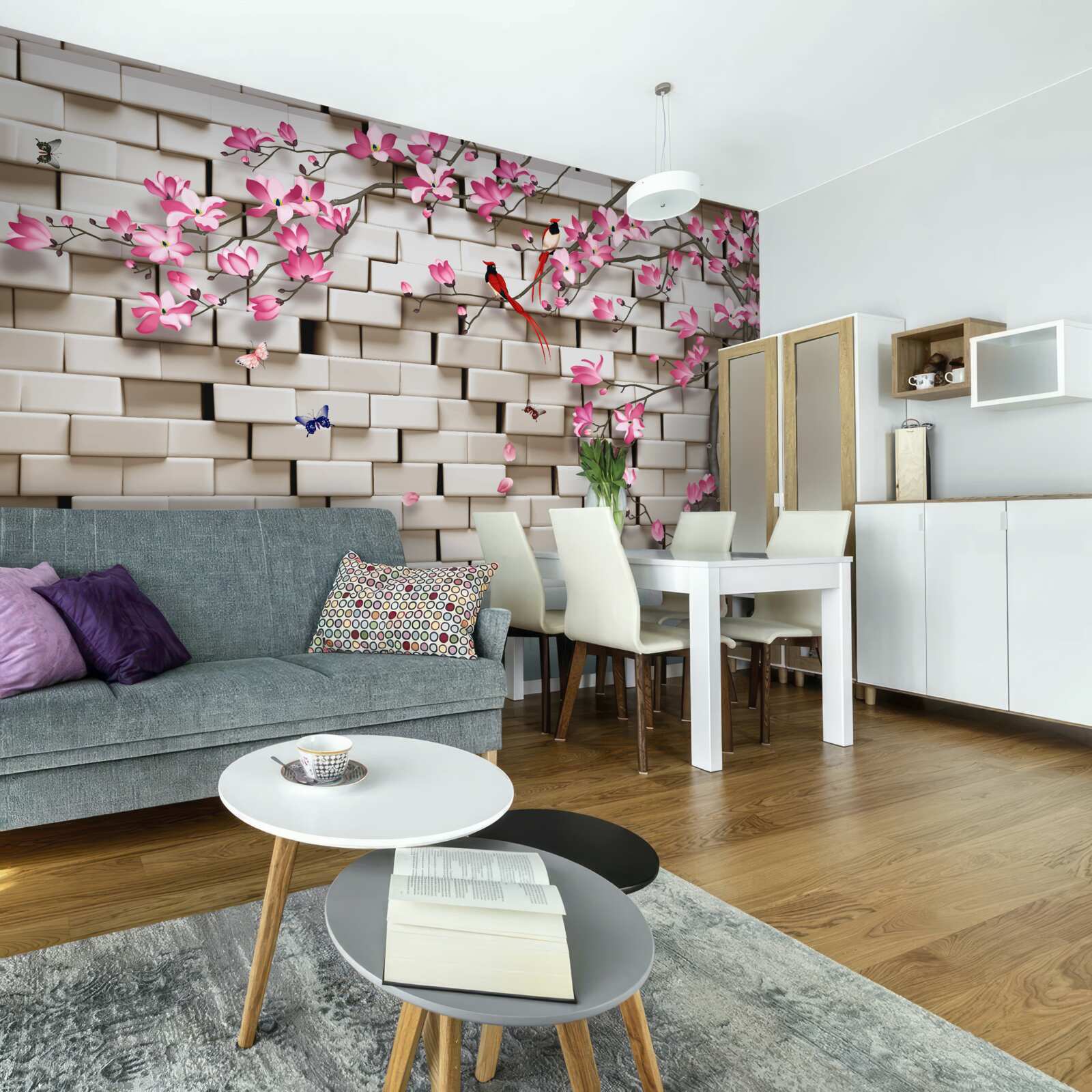 Фотошпалери сакура зацвіла на фоні цегляної стіни