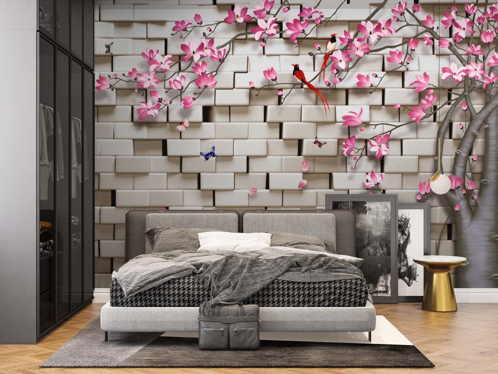 Фотошпалери сакура зацвіла на фоні цегляної стіни