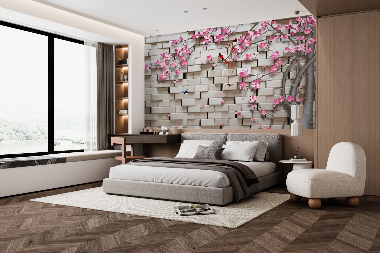 Фотошпалери сакура зацвіла на фоні цегляної стіни