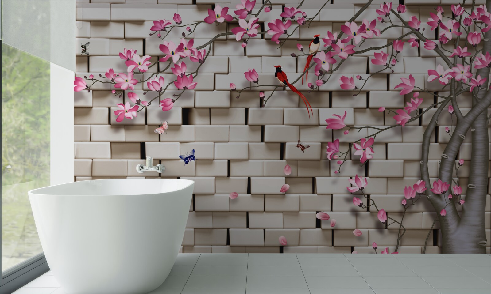 Фотошпалери сакура зацвіла на фоні цегляної стіни