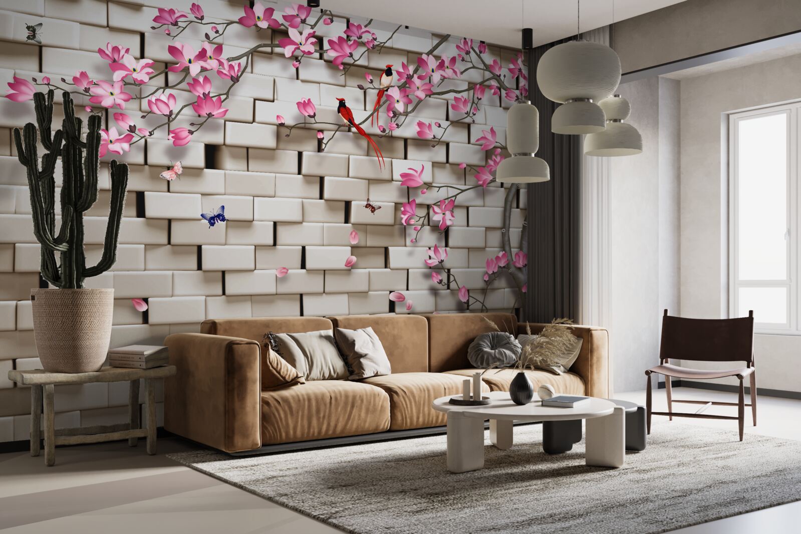 Фотошпалери сакура зацвіла на фоні цегляної стіни