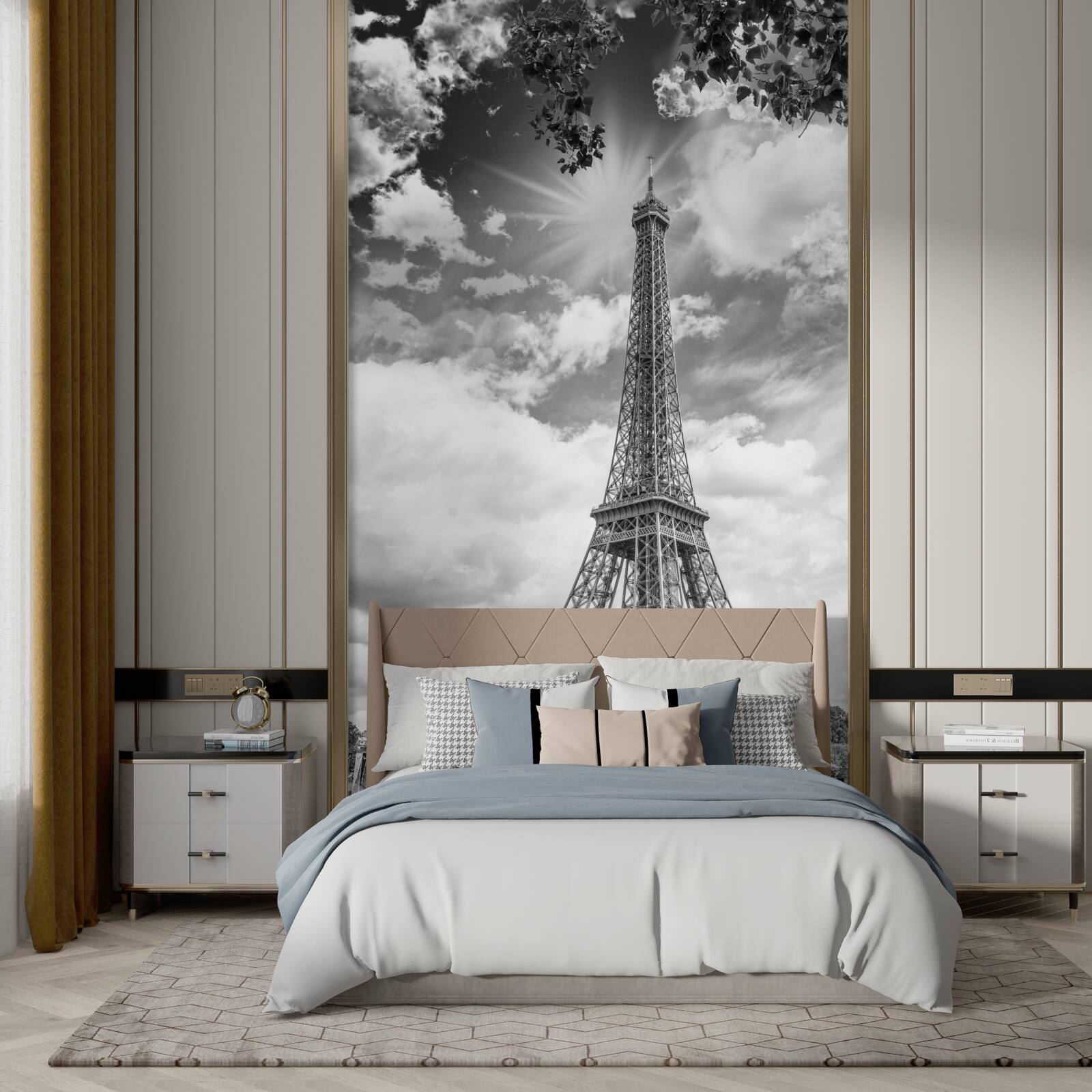 Фотошпалери Ейфелева вежа в чорно-білому кольорі при сонячному світлі