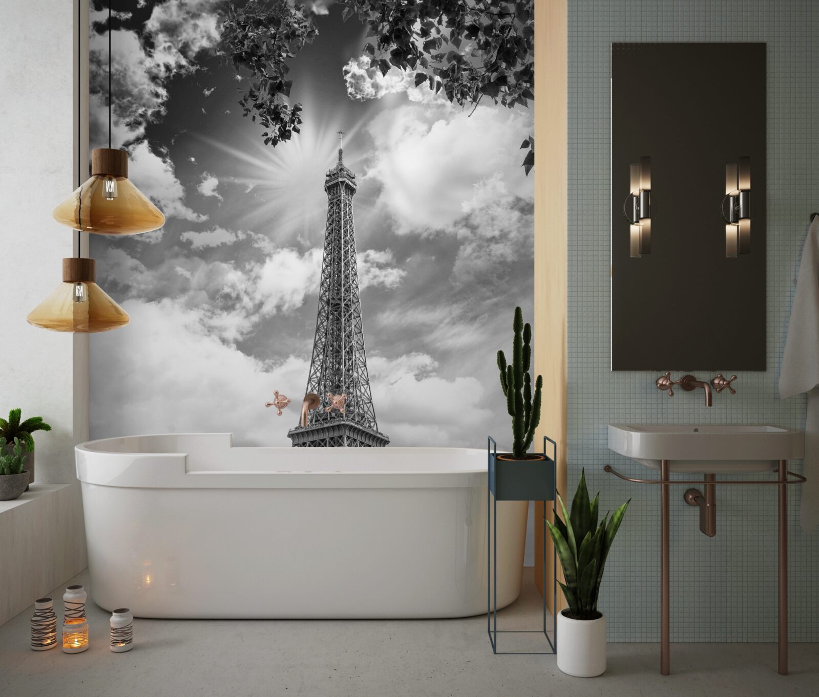 Фотошпалери Ейфелева вежа в чорно-білому кольорі при сонячному світлі