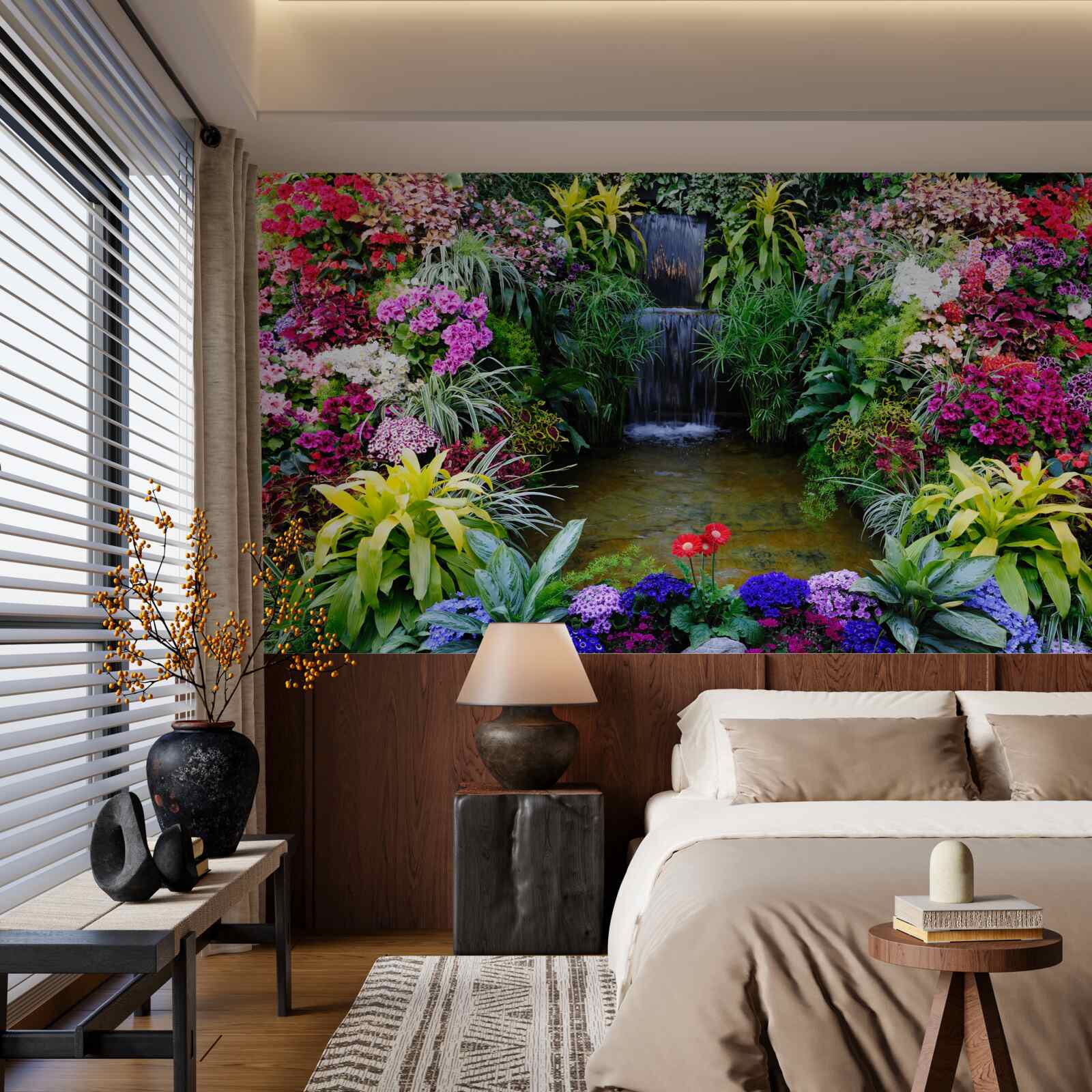 Фотошпалери тропічні квіти біля гірського водоспаду