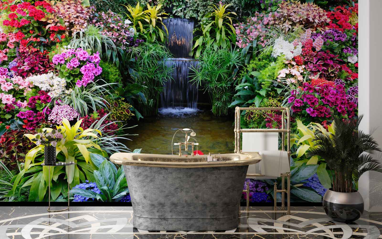 Фотошпалери тропічні квіти біля гірського водоспаду